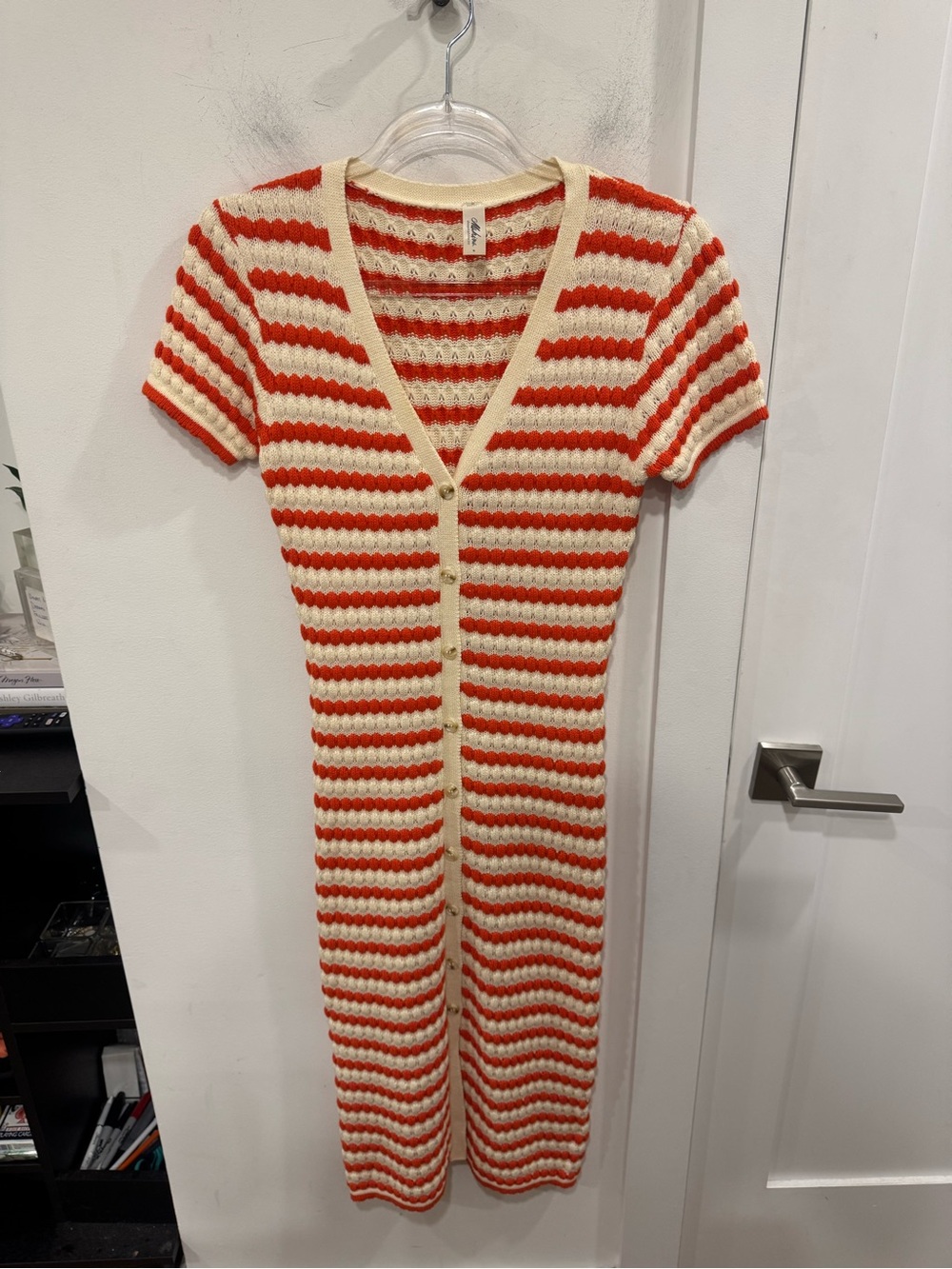 mahina Cream and Orange Striped Button-Front Midi Dress